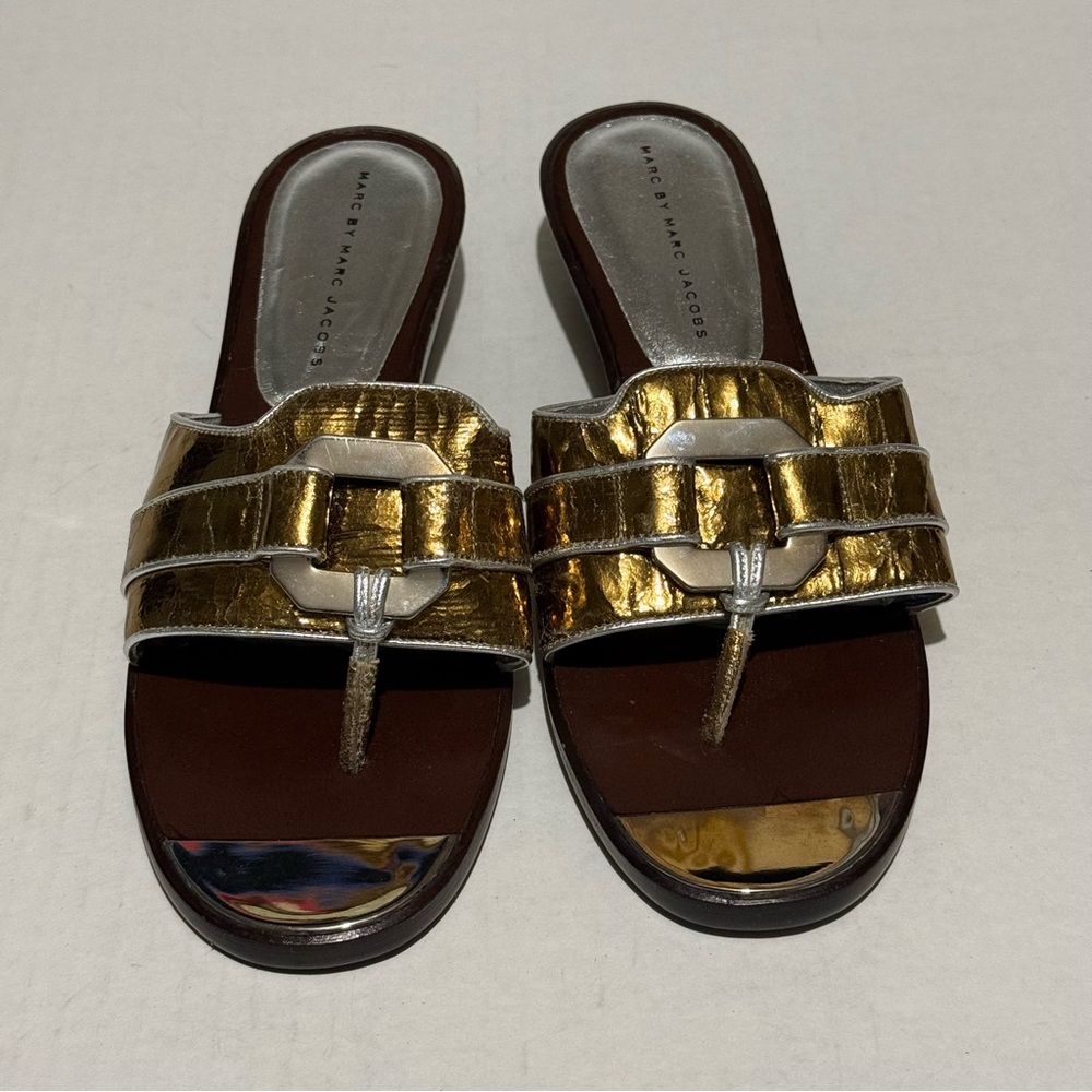 MARC BY MARC JACOBS Metallic Armor Cracked Leather Chunky Metal Wood Wedges